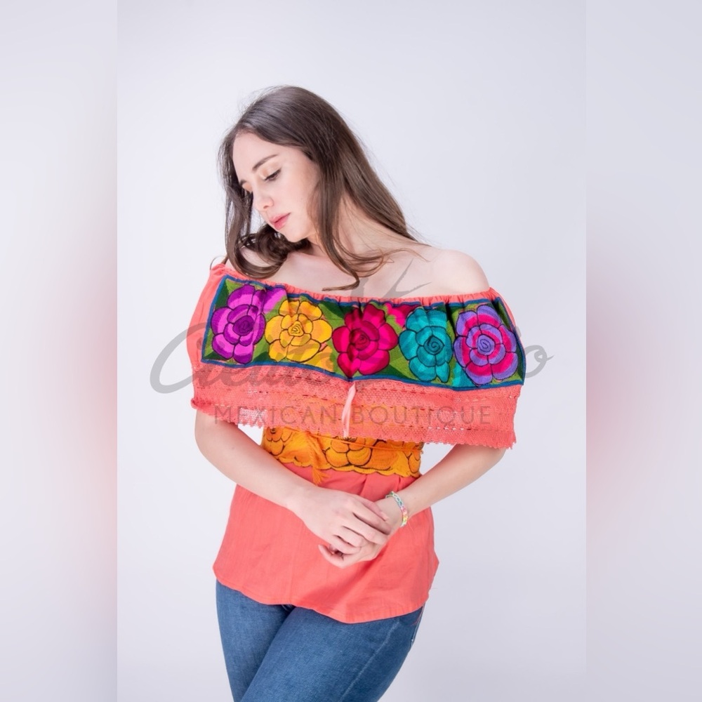 Mexican Off the Shoulder Zinacantan Blouse Coral